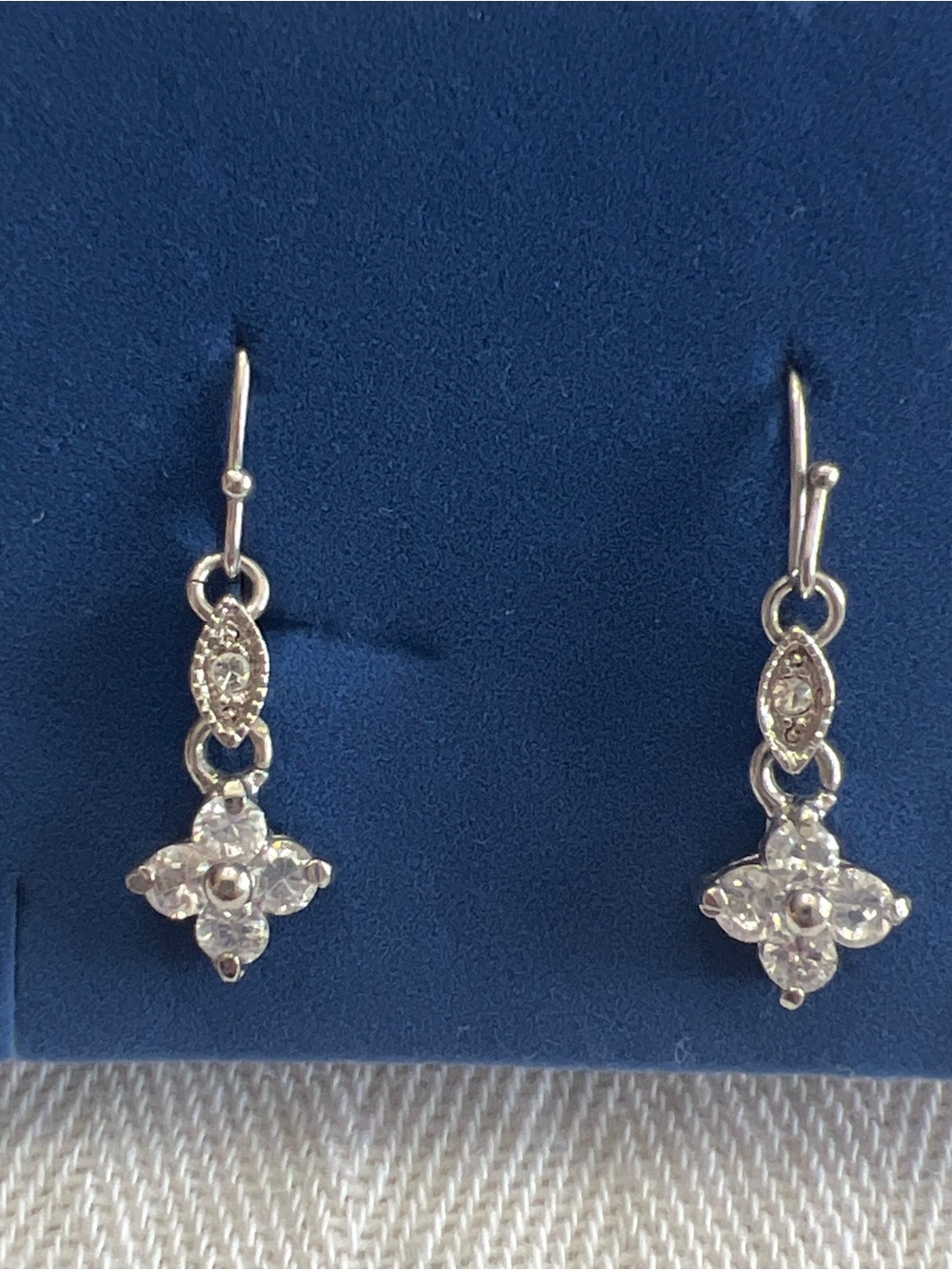 Silver Tone Floral CZ Crystal Dangle Earrings | Clover Cluster Drop French Wire